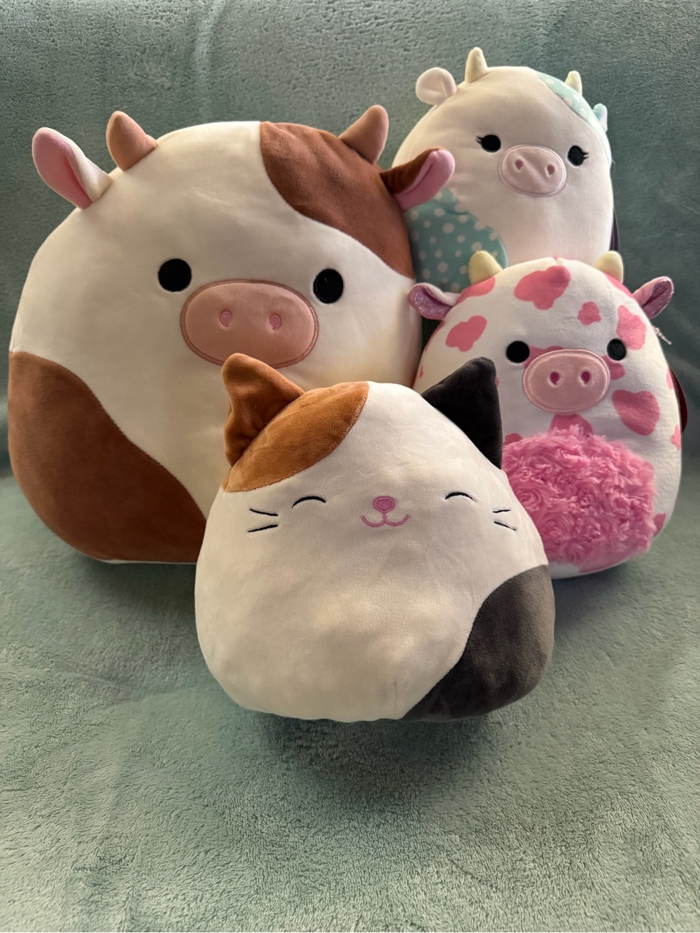 4 Squishmallows 3 cows 1 reversible cat